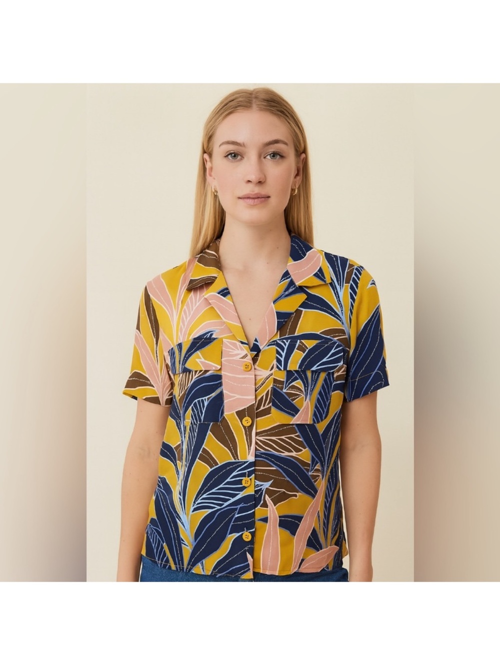 DR2 Short Sleeve Button-Down Shirt in Mustard, Navy & Pink Leaf Print